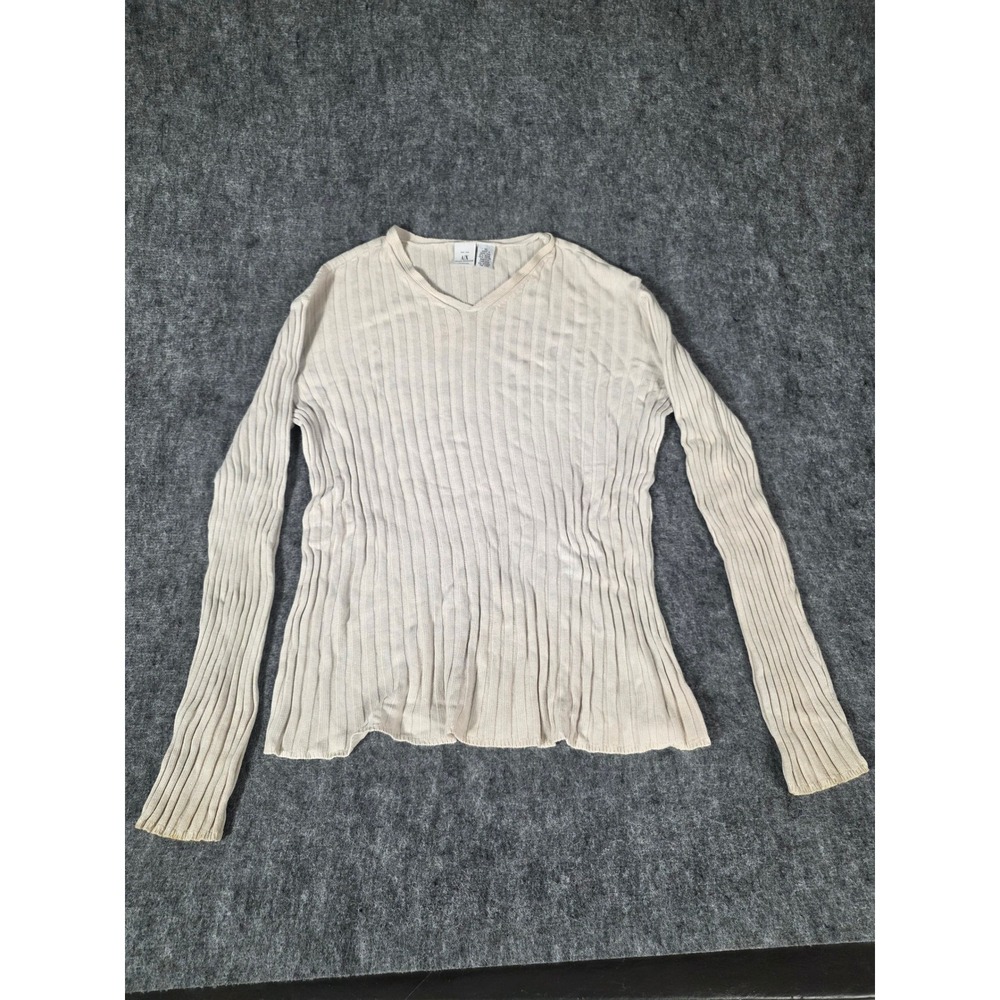 Vintage Sweater Womens XL Cream Ribbed Knit V Neck Top 90s Armani Exchange
